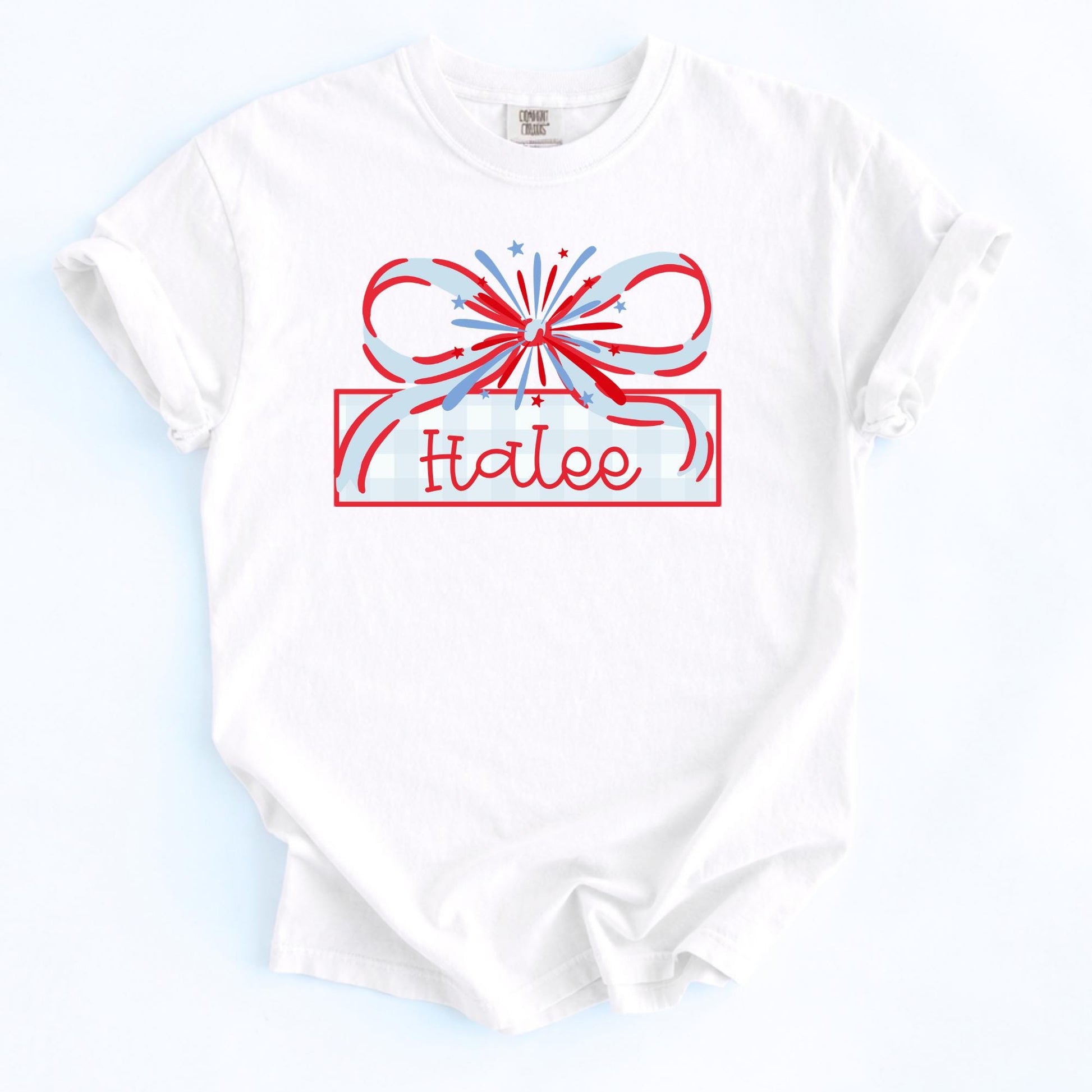 Custom Firework Design Youth Shirt Personalized Name Kids Fourth July Clothing Red Blue Patriotic Stars Graphics Bow Frame Independence Day Children Apparel Soft Comfort Colors Tee Garment Dyed Fabric Summer Celebration Parade Outfit Family