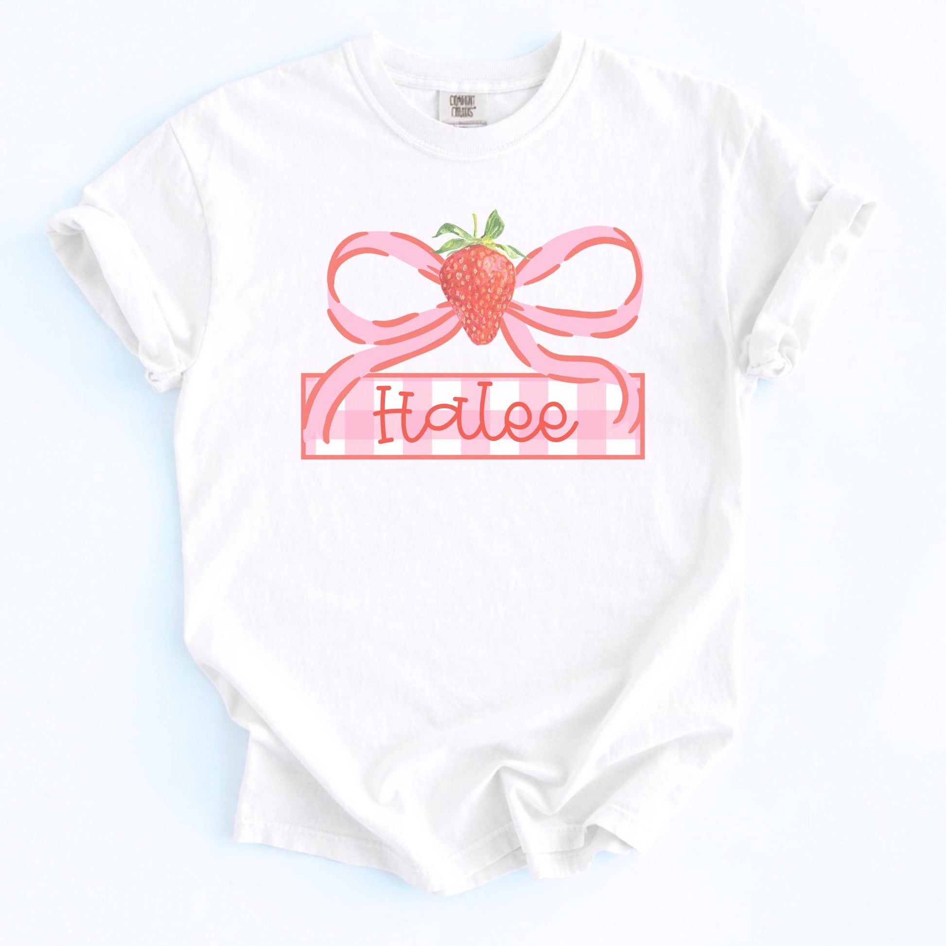 Toddler Girl Birthday Outfit Personalized Strawberry Shirt Custom Name Gift Youth Summer Fruit Tee White Cotton Comfort Shirt Pink Bow Graphic Design Embroidered Name Frame Sizes XSmall Through XL Casual Everyday Clothing Party Outfit