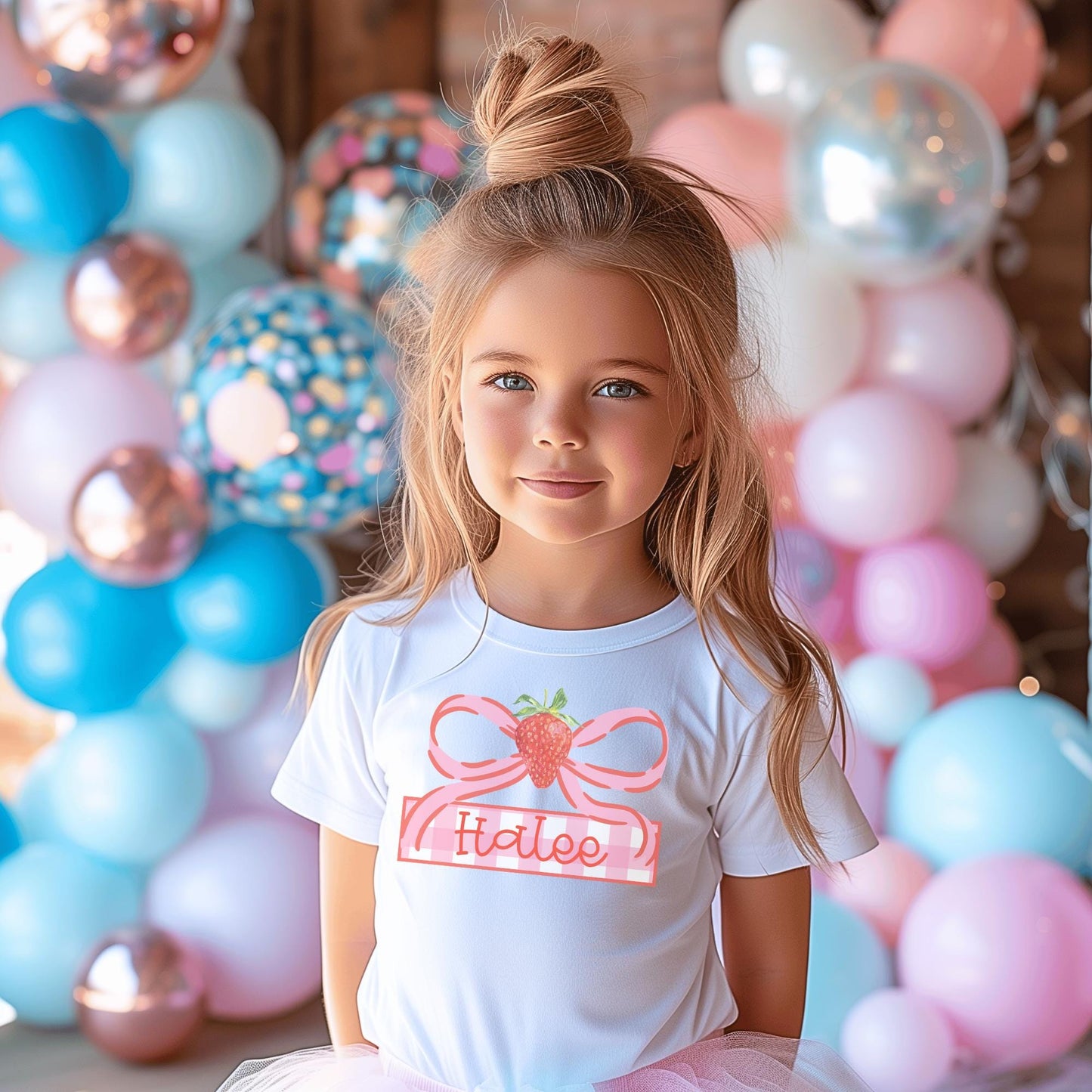 Custom Name Toddler Shirt Strawberry Birthday Outfit Personalized Girl Gift Youth Summer Clothing White Cotton Tee Pink Striped Bow Design Embroidered Name Frame Soft Comfort Fabric Sizes XSmall XL Casual Party Wear Special Occasion Outfit