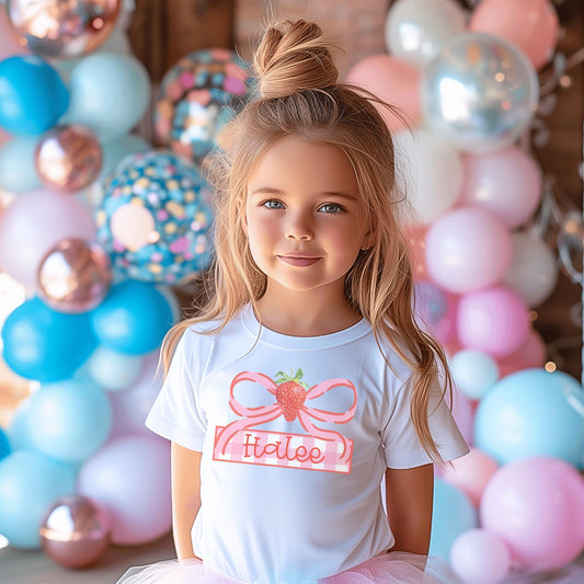 Custom Name Toddler Shirt Strawberry Birthday Outfit Personalized Girl Gift Youth Summer Clothing White Cotton Tee Pink Striped Bow Design Embroidered Name Frame Soft Comfort Fabric Sizes XSmall XL Casual Party Wear Special Occasion Outfit