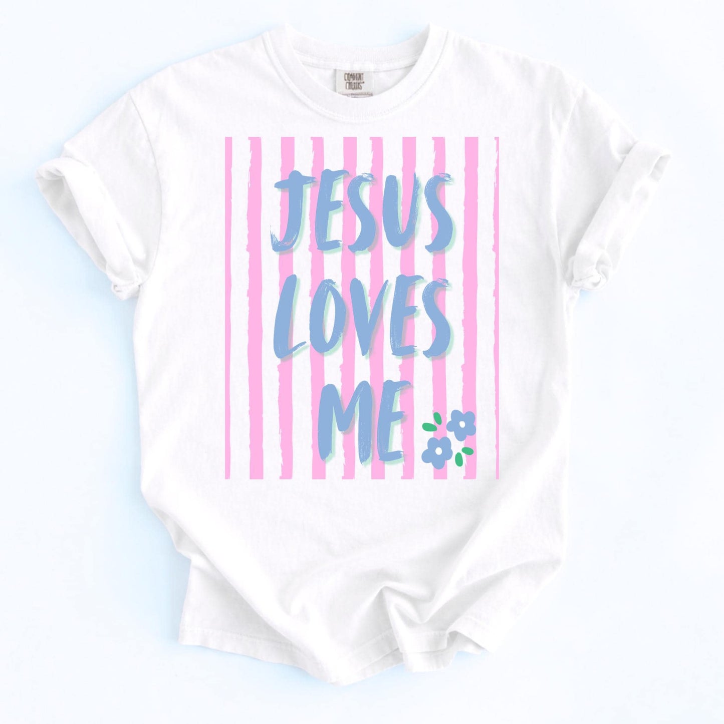 Inspirational Christian Shirt Women Jesus Loves Me Graphic Tee Faith Based Religious Apparel Church Outfit Top Casual Wear Scripture Message Design Gradient Blue Purple Typography Pink Stripe Floral Accent Premium Cotton Comfort Fabric