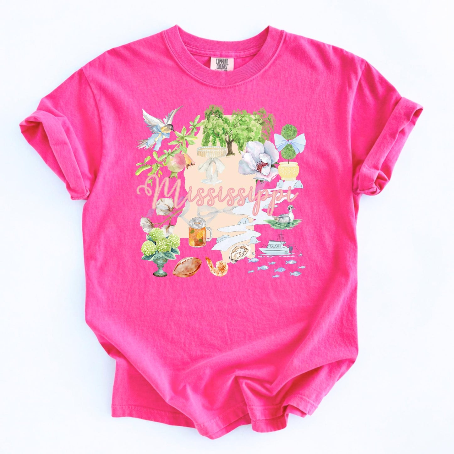Southern Pride Shirt Mississippi State Apparel Magnolia Flower Design Watercolor Graphics Tee Comfort Colors Clothing Pink Script Lettering Light Blue Gray Casual Wear Birthday Present Gift Vacation Souvenir Shirt Dove Imagery Sweet Tea