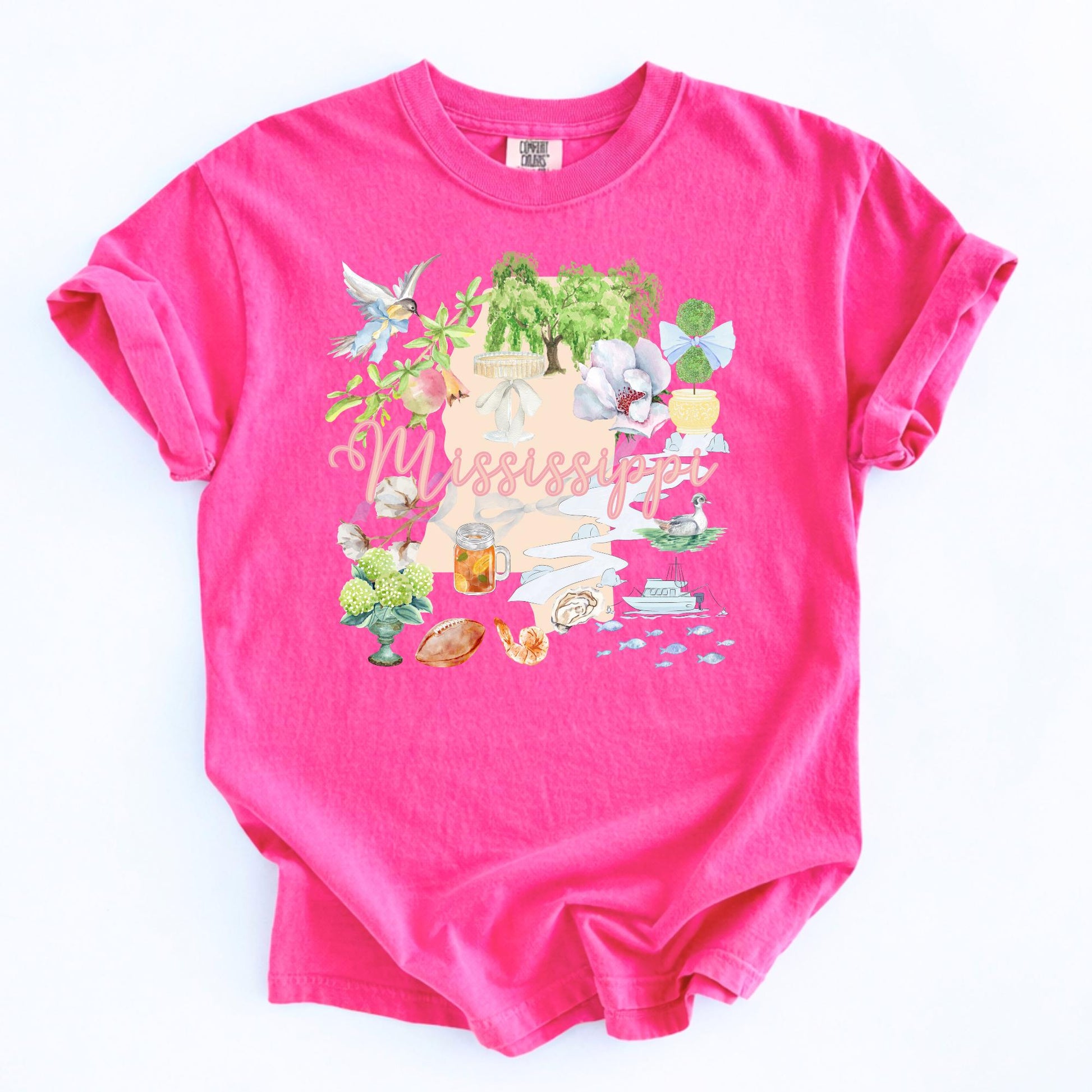 Southern Pride Shirt Mississippi State Apparel Magnolia Flower Design Watercolor Graphics Tee Comfort Colors Clothing Pink Script Lettering Light Blue Gray Casual Wear Birthday Present Gift Vacation Souvenir Shirt Dove Imagery Sweet Tea