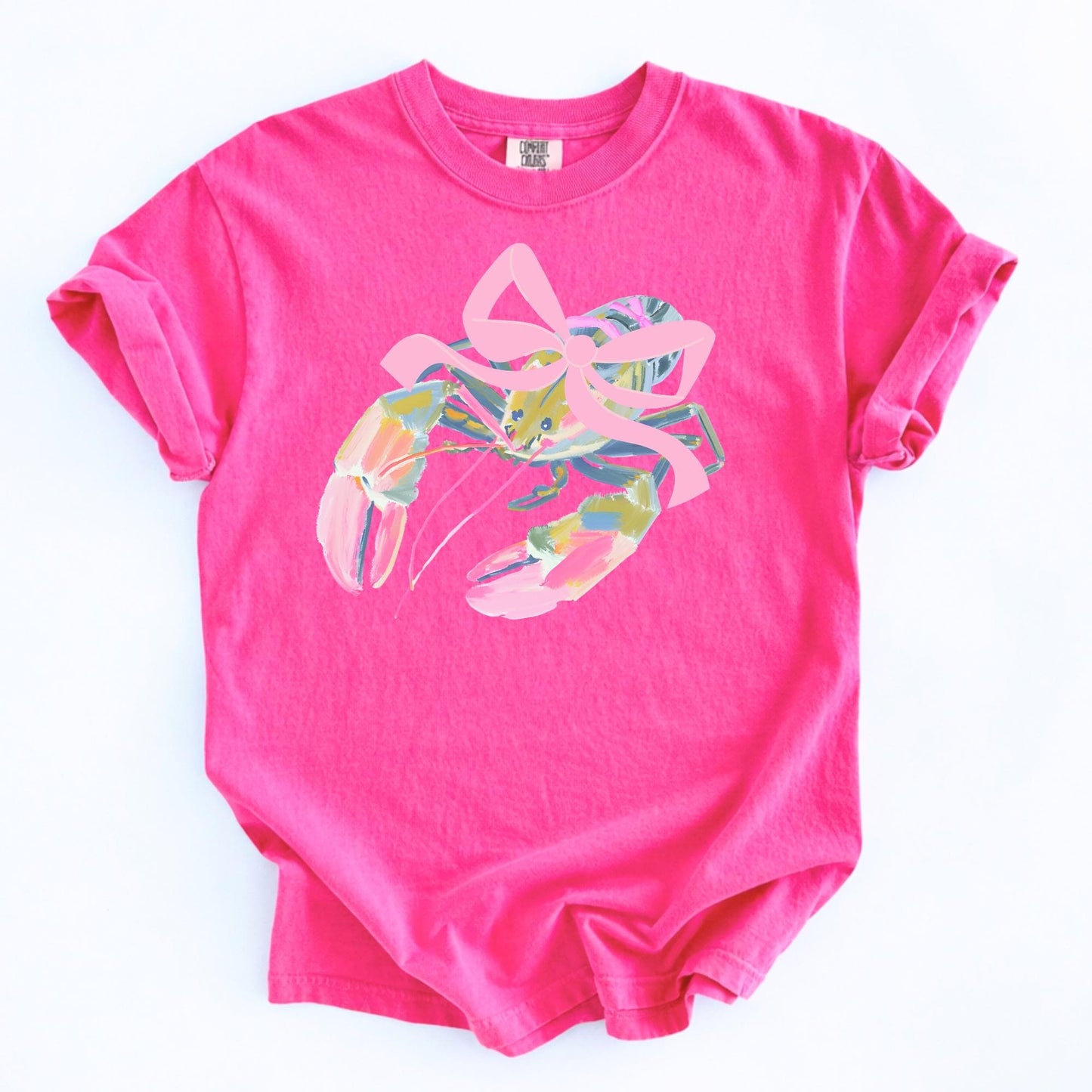 Nautical Toddler Shirt Watercolor Lobster Design Pink Bow Accent Beach Outfit Girl Ocean Animal Theme Summer Clothing Coastal Style Comfort Colors Tee Cotton Casual Wear Vacation Beach Trip Essential Cute Sea Creature Print Toddler Girl