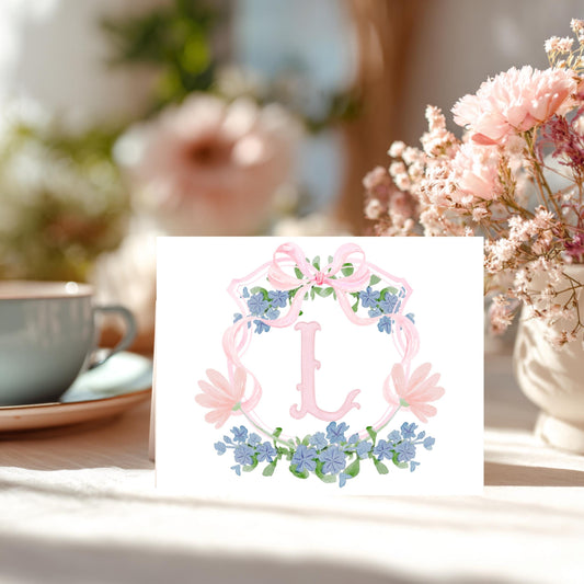 Floral Wreath Monogram Stationery Set Custom Initial Thank You Card Botanical Watercolor Design Premium Linen Notecard Personalized Gift Collection Wedding Shower Baby Announcement Feminine Elegant Style Matching Envelopes Luxury