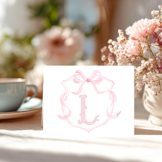 Monogram Stationery Set Custom Initial Thank You Cards Personalized Notecard Collection Pink Bow Accent Feminine Watercolor Details Baby Shower Announcement Cards Wedding Correspondence Premium Linen Cardstock Elegant Bridal Gift Matching