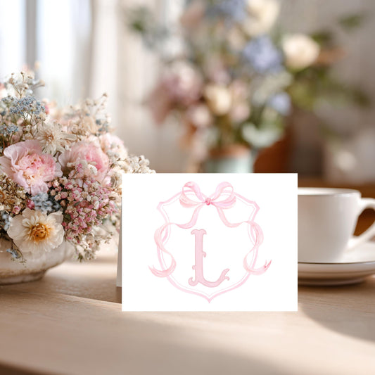 Personalized Thank You Cards Custom Monogram Initial Stationery Set Pink Bow Ribbon Accent Feminine Watercolor Design Premium White Linen Cardstock Wedding Shower Bridal Party Gift Elegant Correspondence Matching Envelopes Included Boutique