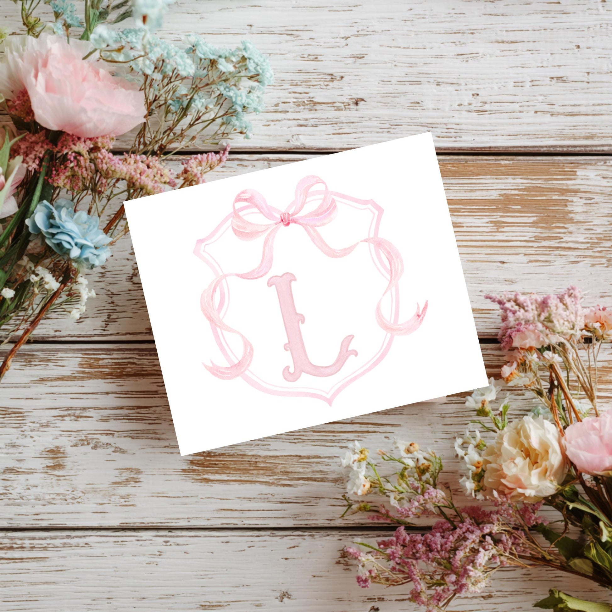 Elegant Correspondence Cards Personalized Monogram Stationery Custom Initial Thank You Set Pink Bow Ribbon Detail Premium White Linen Cardstock Feminine Watercolor Design Wedding Bridal Shower Gift Baby Announcement Cards Boutique Quality