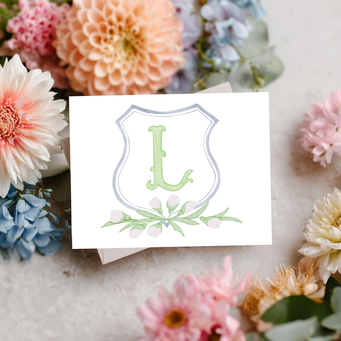 Elegant Stationery Collection Personalized Monogram Thank You Cards Custom Initial Floral Design Premium Linen Cardstock Quality Folded Notecard Set Matching Envelopes Beautiful Botanical Wreath Watercolor Greenery Pattern Perfect Wedding