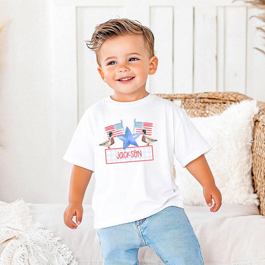Personalized Youth Shirt Custom Name Kids Tee Fourth July Clothing Boys Girls Patriotic Outfit Independence Day Celebration Wear Watercolor Duck Design American Flag Pattern Red White Blue Stars Soft Cotton Construction Summer Holiday