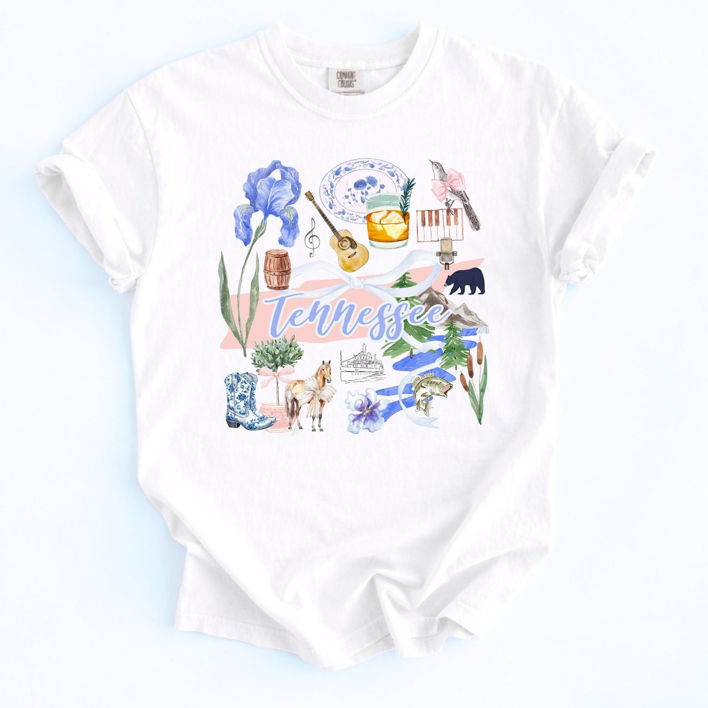 Nashville Shirt Women Music City Souvenir Tennessee Graphic Tee Volunteer State Pride Apparel Vintage Style Design Blue Iris Flowers Black Bear Cowboy Boots Banjo Symbols Cream Colored Casual Wear Perfect For Country Concerts Festival