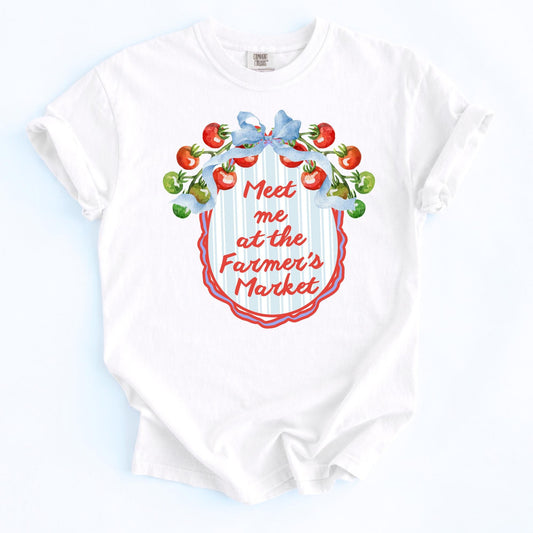 Cottagecore Aesthetic Casual Tee Farmers Market Shirt Vintage Farm Style Garden Lover Design Watercolor Vegetable Print Tomato Graphic Tshirt Blue Bow Detail Red Script Text Homestead Living Outfit Perfect Gift For Gardener Market Shopping