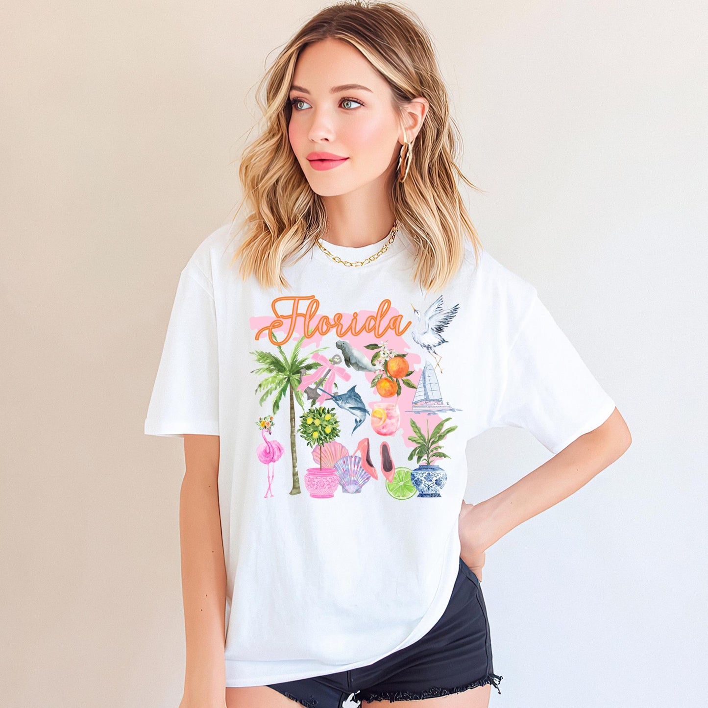 Coastal Theme Shirt Women Florida Beach Vacation Tee Tropical Paradise Graphic Palm Tree Flamingo Design Sunshine State Lifestyle Apparel Retro Script Lettering Vintage Beach Style Preppy Summer Fashion Comfortable Cotton Wear Casual Travel