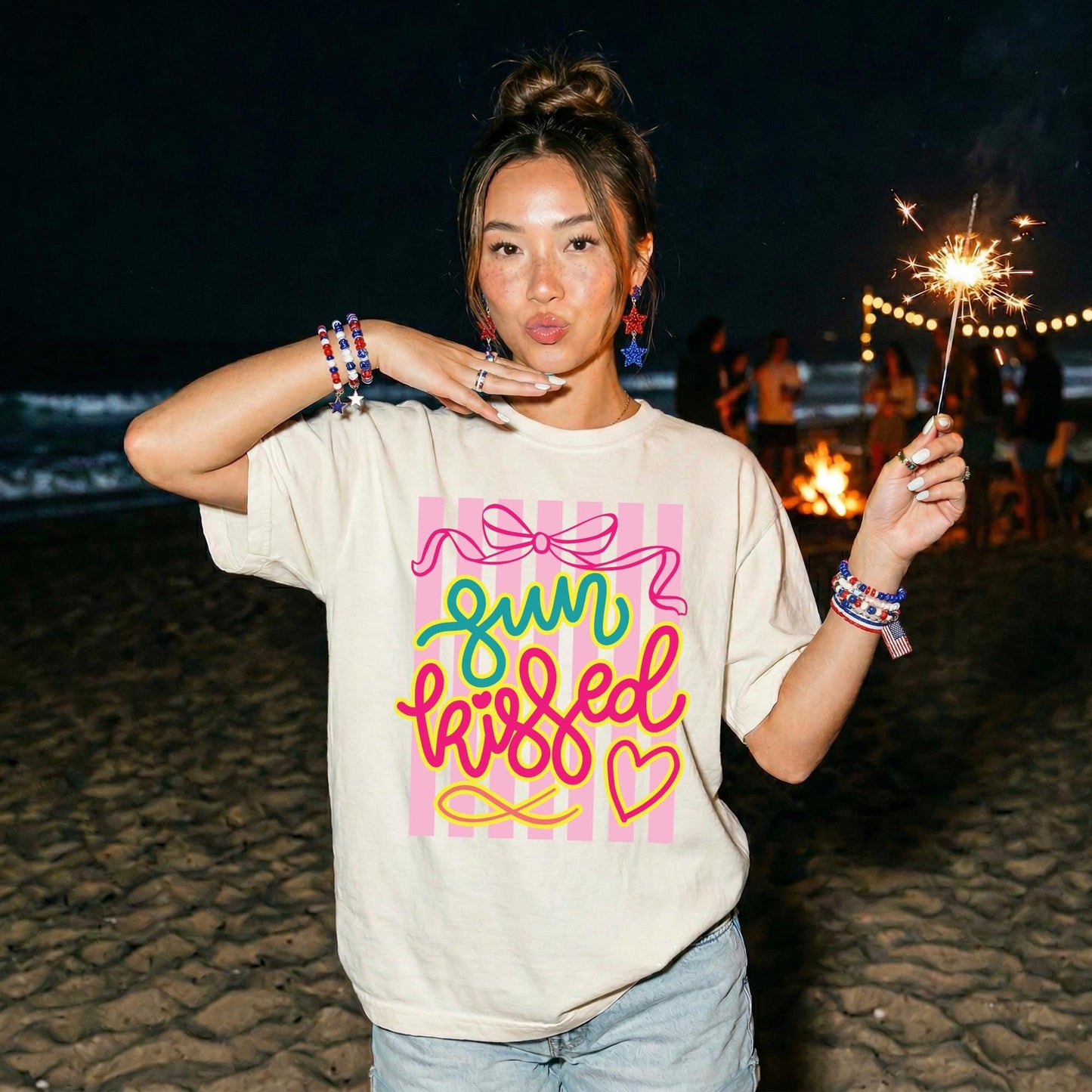 Summer Vacation Outfit Women Sun Kissed Beach Shirt Comfortable Casual Resort Wear Colorful Graphic Tee Retro Design Pink Bow Details Preppy Feminine Style Perfect Spring Break Cruise Clothing Poolside Shirt Travel Essential Lightweight