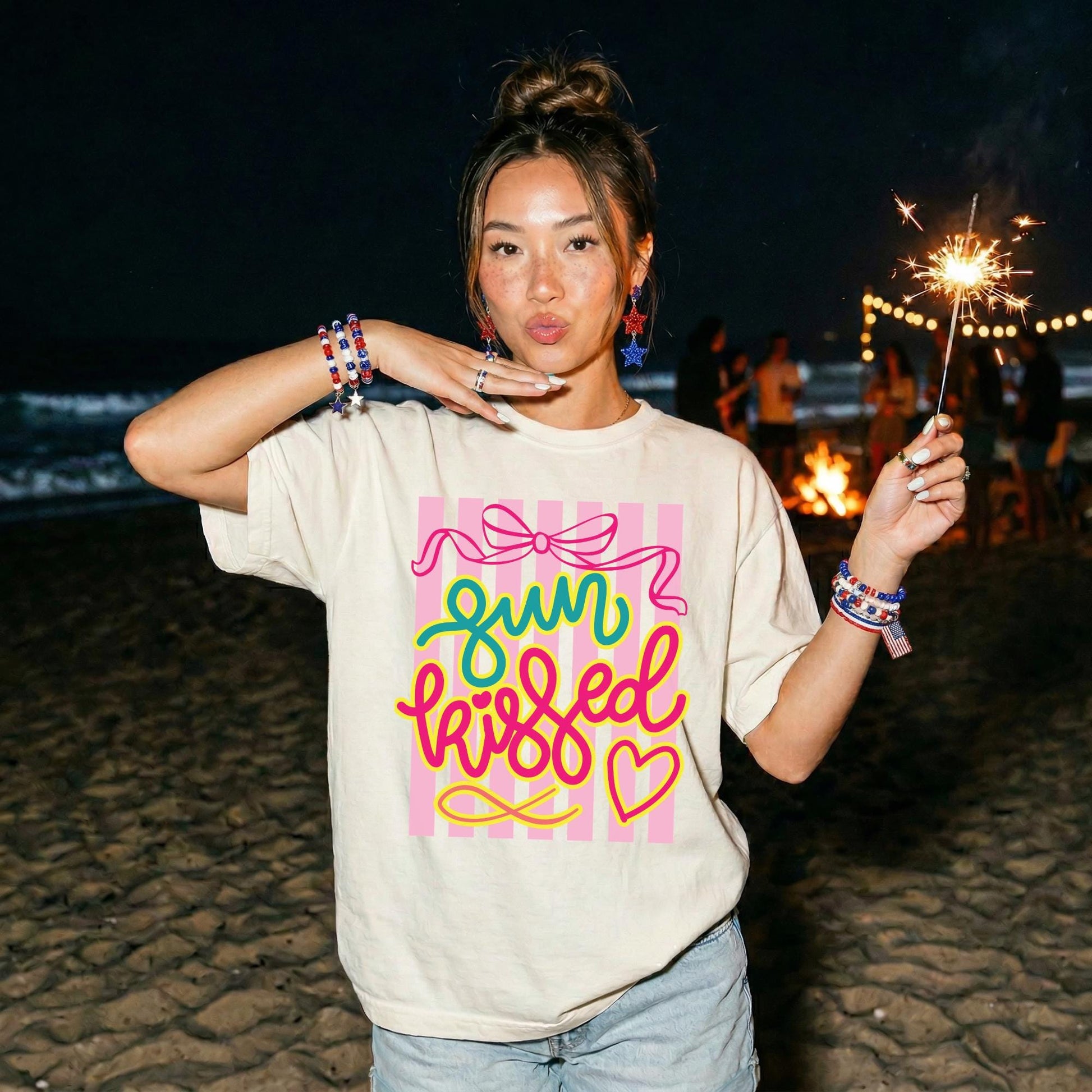 Summer Vacation Outfit Women Sun Kissed Beach Shirt Comfortable Casual Resort Wear Colorful Graphic Tee Retro Design Pink Bow Details Preppy Feminine Style Perfect Spring Break Cruise Clothing Poolside Shirt Travel Essential Lightweight