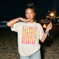 Beach Vacation Graphic Shirt Retro Sunset Tee Vintage Summer Apparel Seventies Striped Design Yellow Cursive Forever Chasing Sunsets Text Pink White Stripe Pattern Coastal Lifestyle Shirt Comfort Colors Cotton Soft Relaxed Fit Casual Beach