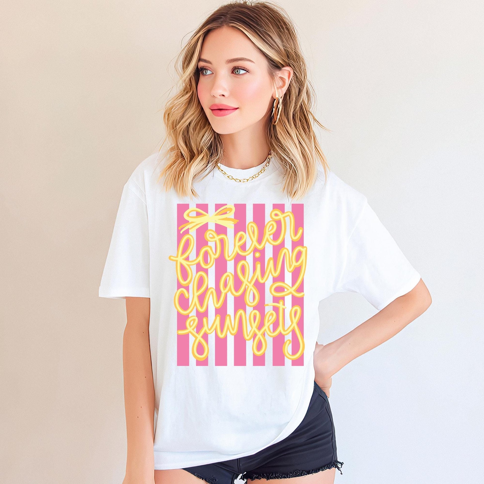 Vintage Summer Graphic Tee Retro Sunset Shirt Beach Vacation Apparel Seventies Inspired Design Pink White Vertical Stripes Forever Chasing Sunsets Yellow Cursive Text Coastal Fashion Shirt Comfort Colors Fabric Soft Cotton Tee Relaxed
