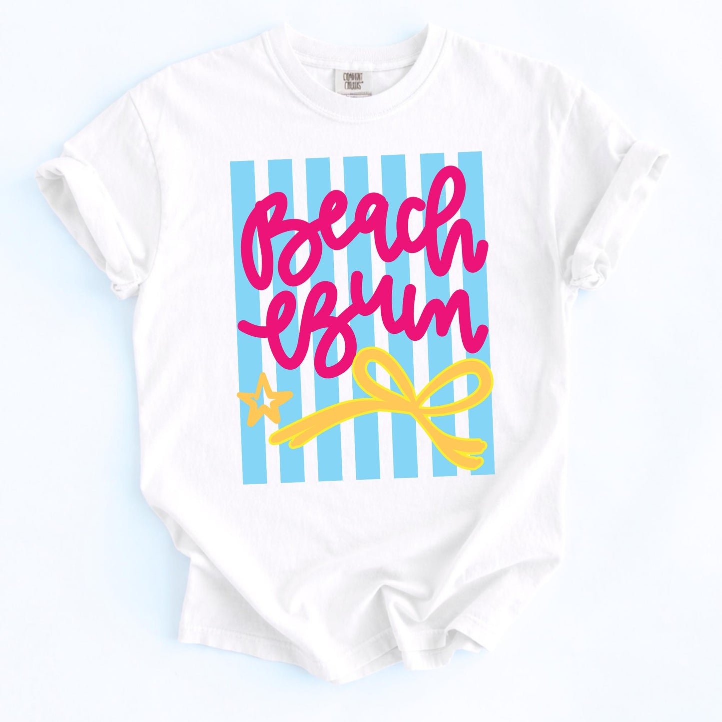 Cruise Apparel Women White Vacation Tee Pink Beach Bum Script Blue Striped Design Summer Resort Shirt Casual Tropical Outfit Poolside Casual Wear Coastal Travel Clothing Soft Breathable Fabric Comfortable Relaxed Fit Beach Lifestyle Shirt