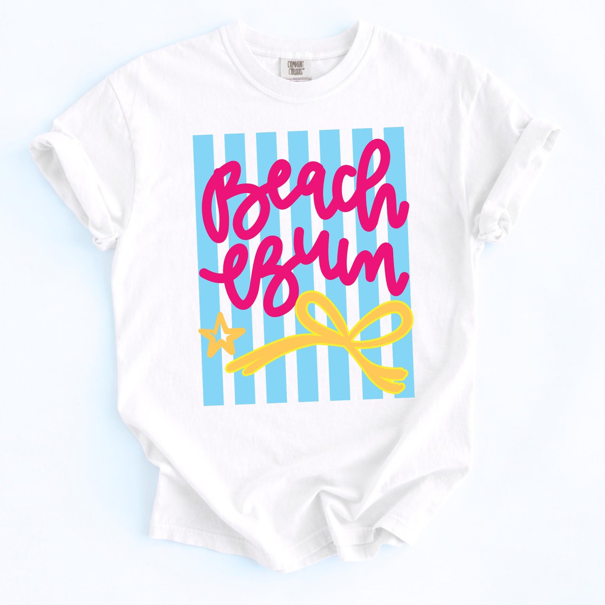 Cruise Apparel Women White Vacation Tee Pink Beach Bum Script Blue Striped Design Summer Resort Shirt Casual Tropical Outfit Poolside Casual Wear Coastal Travel Clothing Soft Breathable Fabric Comfortable Relaxed Fit Beach Lifestyle Shirt