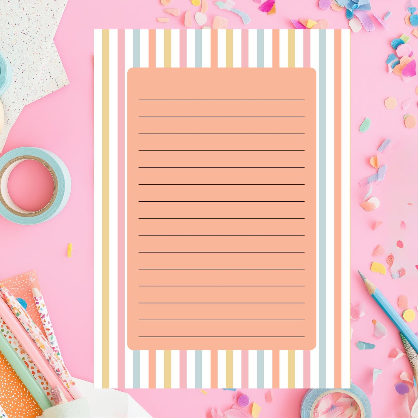 50 Sheet Notepad Lined Writing Paper Pastel Striped Design Tear Off Memo Pad Desk Stationery Supplies Rainbow Border Pink Blue Yellow Orange Daily Planning List Making Cute Office Accessories Premium Quality Paper Chipboard Backing Desk