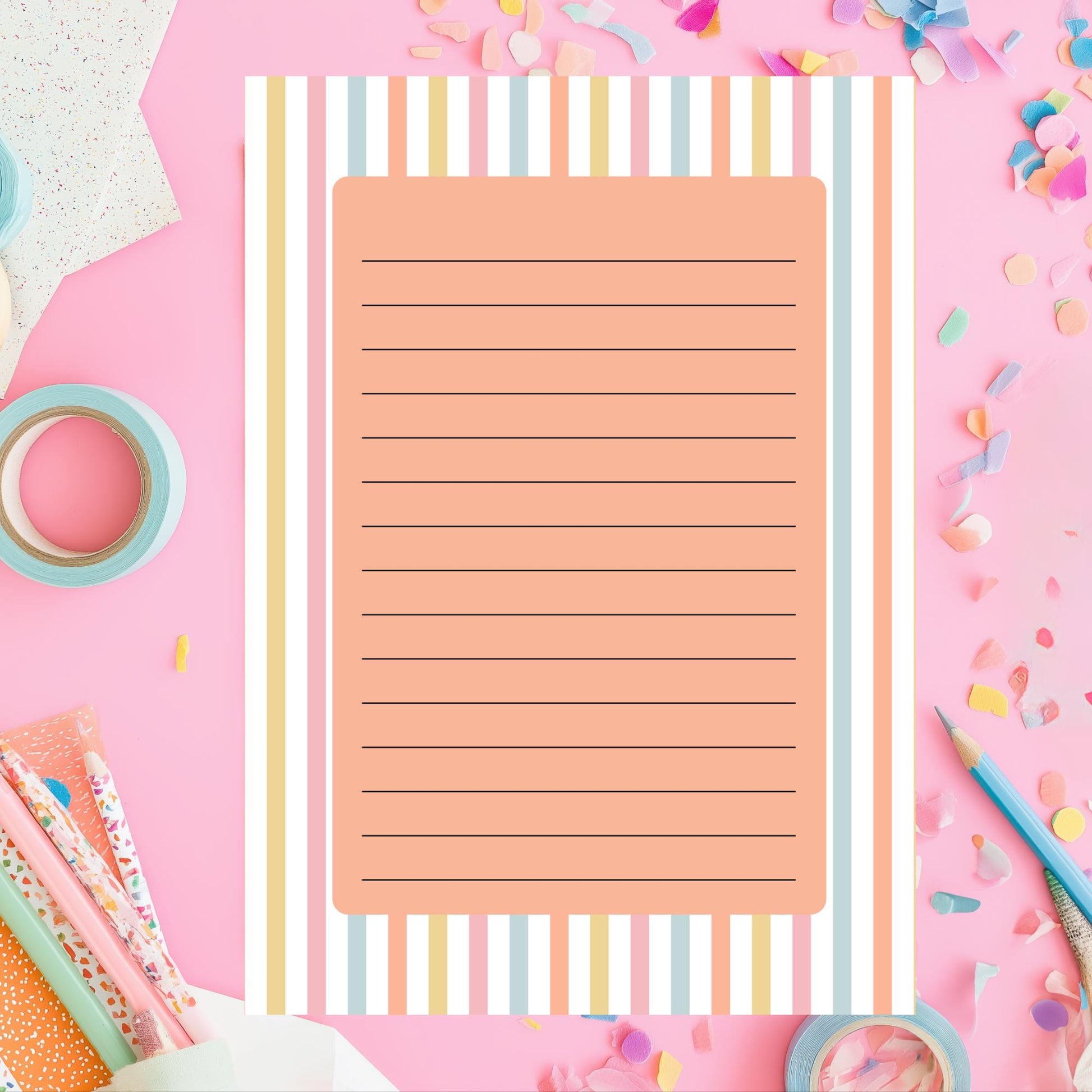 50 Sheet Notepad Lined Writing Paper Pastel Striped Design Tear Off Memo Pad Desk Stationery Supplies Rainbow Border Pink Blue Yellow Orange Daily Planning List Making Cute Office Accessories Premium Quality Paper Chipboard Backing Desk