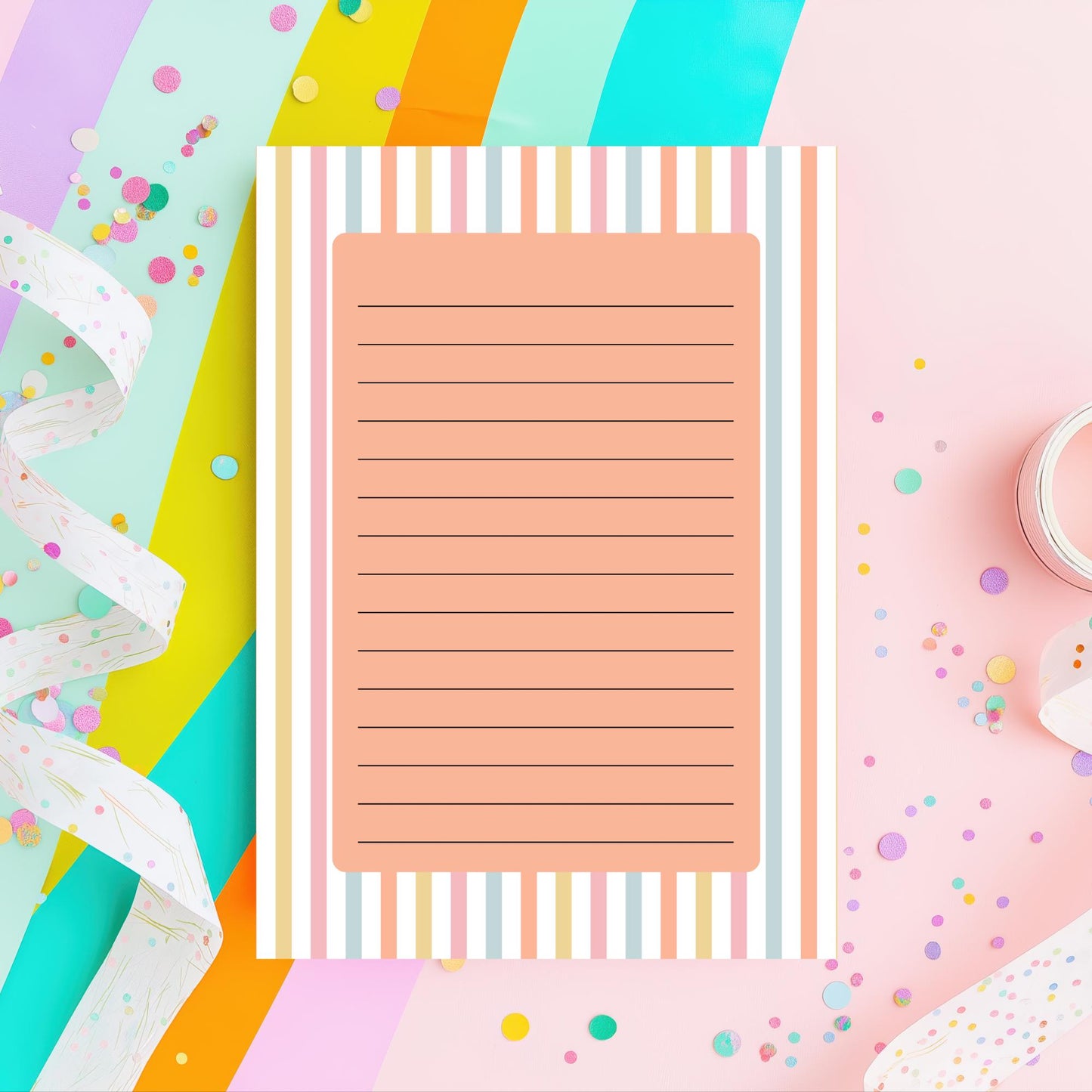Desk Memo Pad Lined Notepad Pastel Striped Design Tear Off Sheets Daily Planning List Making Cute Office Stationery Rainbow Border Writing Paper Pink Blue Yellow Orange Premium Quality Sheets Chipboard Backing Desk Organization Supplies