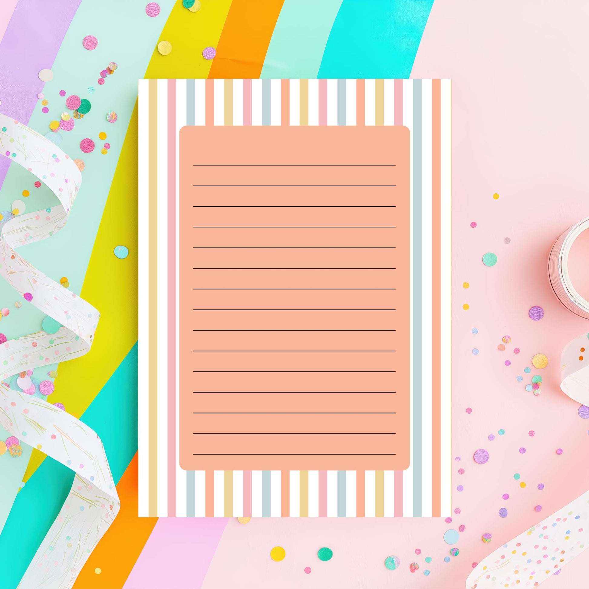 Desk Memo Pad Lined Notepad Pastel Striped Design Tear Off Sheets Daily Planning List Making Cute Office Stationery Rainbow Border Writing Paper Pink Blue Yellow Orange Premium Quality Sheets Chipboard Backing Desk Organization Supplies