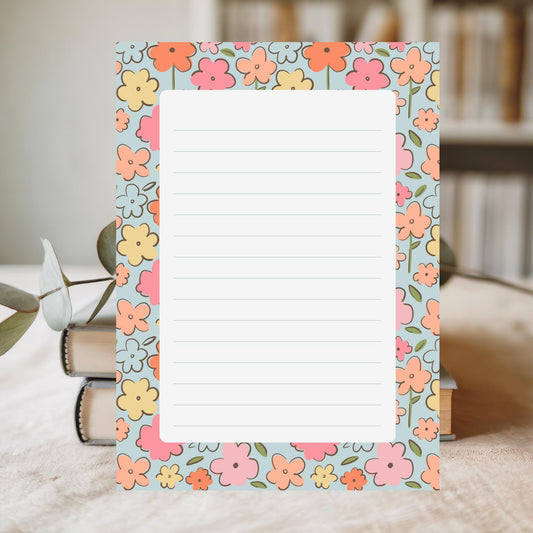 Vintage Botanical Notepad Retro Floral Border Design Lined Memo Pad Colorful Flower Pattern Stationery Fifty Tear Off Sheets Premium Paper Quality Chipboard Backing Light Blue Background Pink Orange Yellow Blooms Pretty Writing Pad Desk