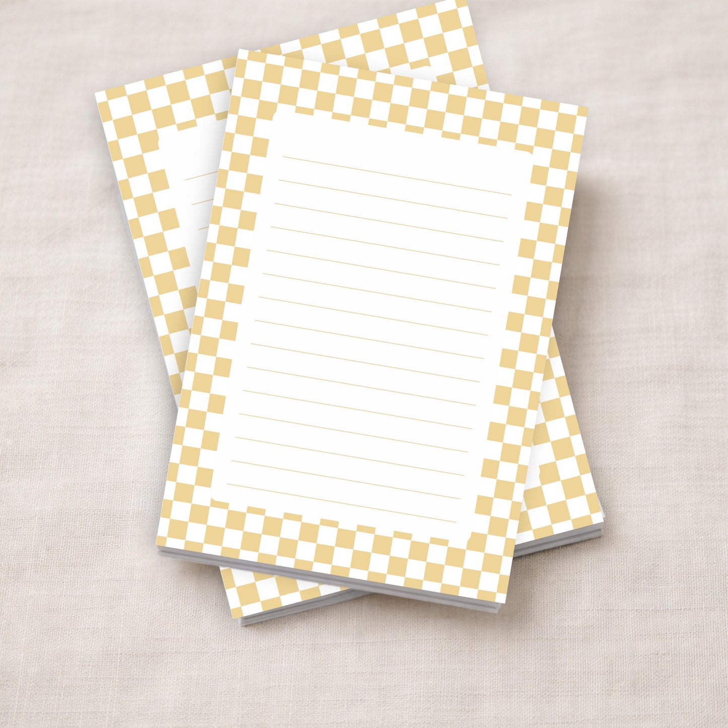 Checkered Memo Pad Lined Notepad Desk Stationery Fifty Tear Off Sheets Preppy Aesthetic Design Neutral Beige White Border Pattern Premium Paper Quality Horizontal Ruled Lines Perfect Daily Planning Work Notes List Making Student Teacher