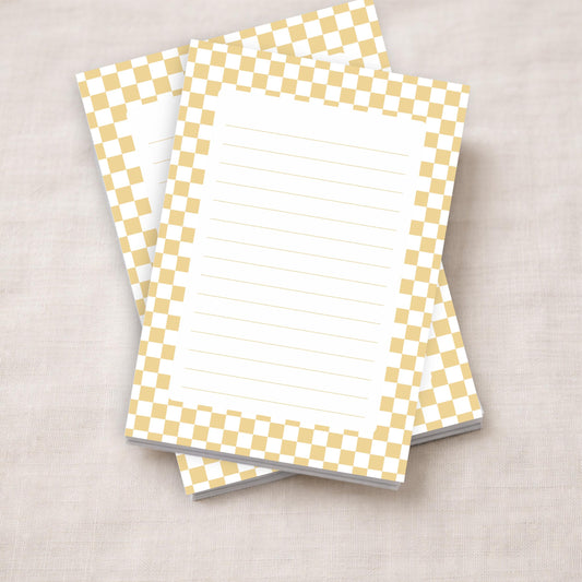 Checkered Memo Pad Lined Notepad Desk Stationery Fifty Tear Off Sheets Preppy Aesthetic Design Neutral Beige White Border Pattern Premium Paper Quality Horizontal Ruled Lines Perfect Daily Planning Work Notes List Making Student Teacher