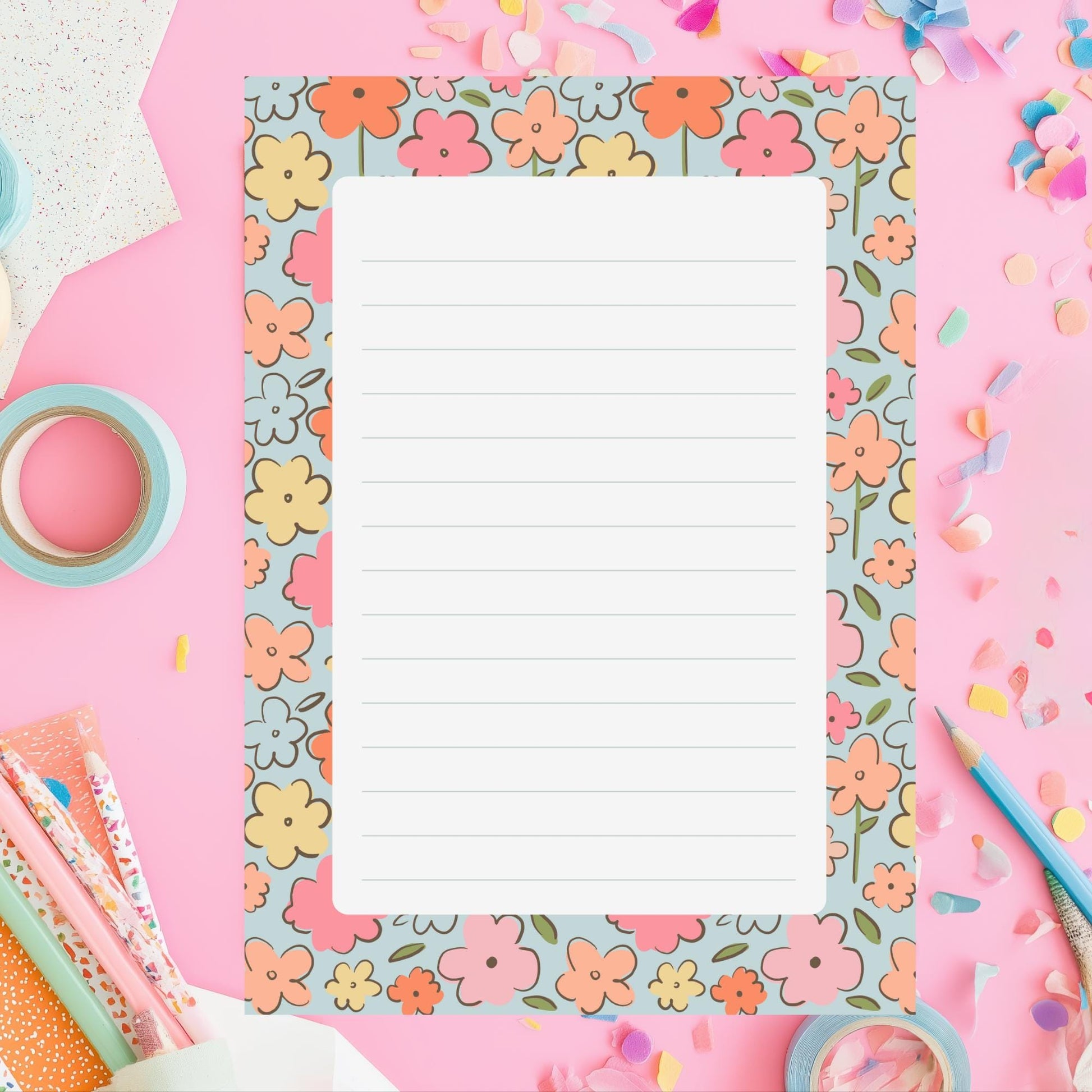 Botanical Stationery Design Vintage Floral Notepad Pattern Colorful Flower Border Lined Memo Pad Fifty Sheets Writing Paper Pink Orange Yellow Blue Blooms Light Blue Background Retro Styling Pretty Desk Supplies Daily List Making Task