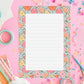Botanical Stationery Design Vintage Floral Notepad Pattern Colorful Flower Border Lined Memo Pad Fifty Sheets Writing Paper Pink Orange Yellow Blue Blooms Light Blue Background Retro Styling Pretty Desk Supplies Daily List Making Task