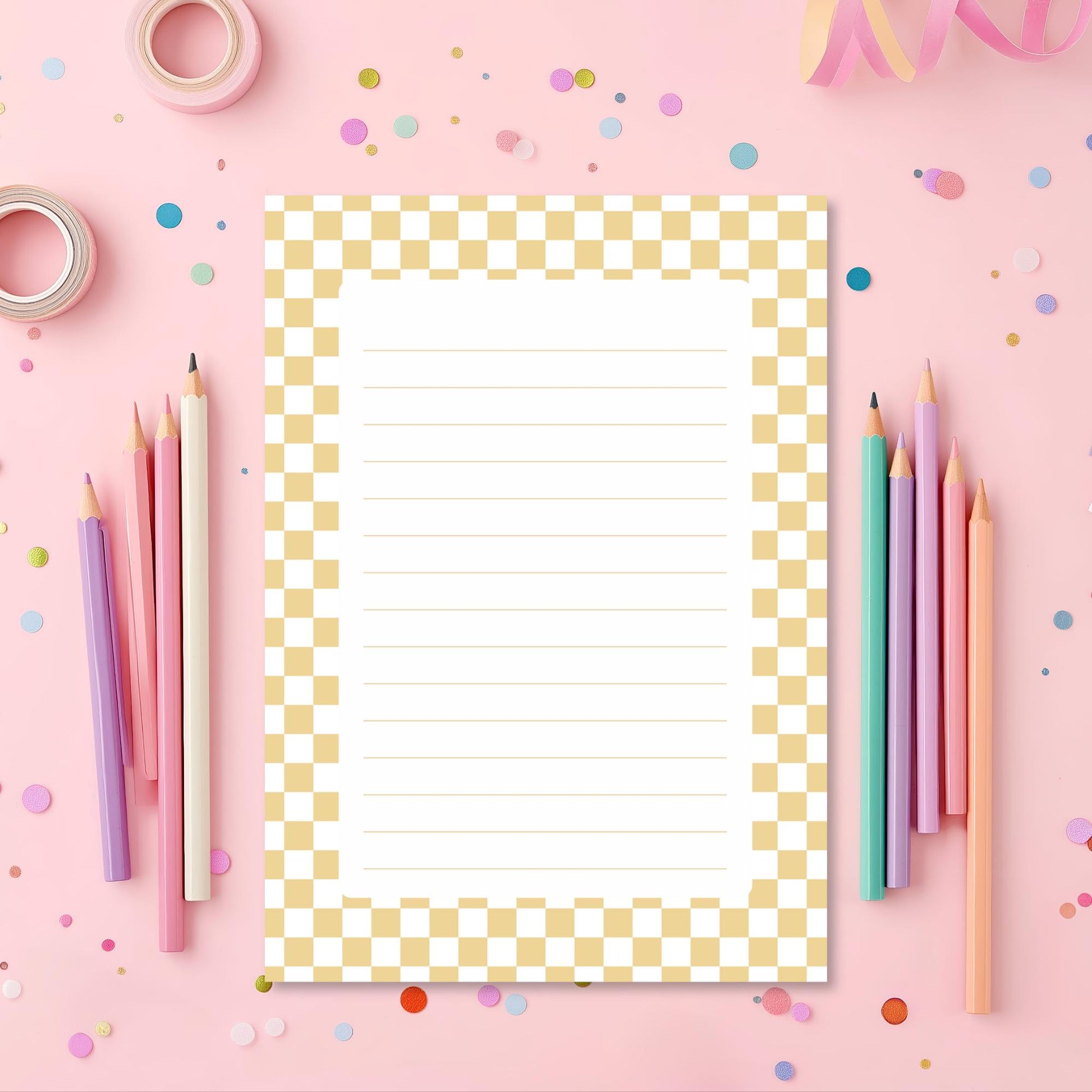Tear Off Notepad Preppy Stationery Design Checkered Memo Pad Lined Pages Fifty Sheets Premium Paper Quality Perfect Desk Organization Daily Planning Work Notes List Making Aesthetic Neutral Border Pattern Student Teacher Office Professional
