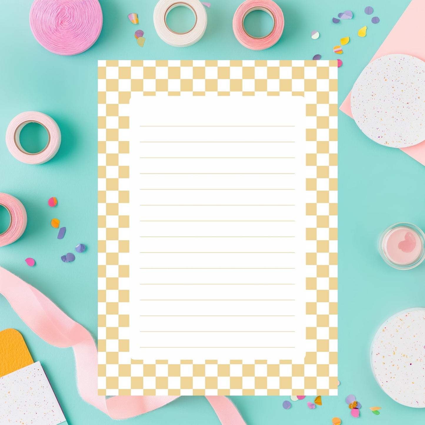 Preppy Desk Stationery Checkered Design Memo Pad Lined Notepad Fifty Tear Off Sheets Aesthetic Neutral Beige White Border Pattern Premium Quality Paper Horizontal Ruled Lines Perfect Student Teacher Office Organization Daily Planning Work