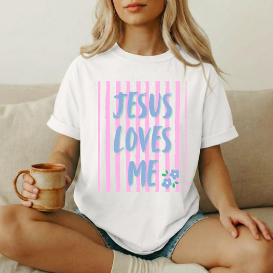 Christian Graphic Tee Women Jesus Loves Me Shirt Faith Based Religious Apparel Inspirational Scripture Message Design Gradient Blue Purple Typography Pink Vertical Stripe Pattern Floral Detail Accent Premium Cotton Fabric Comfort Church