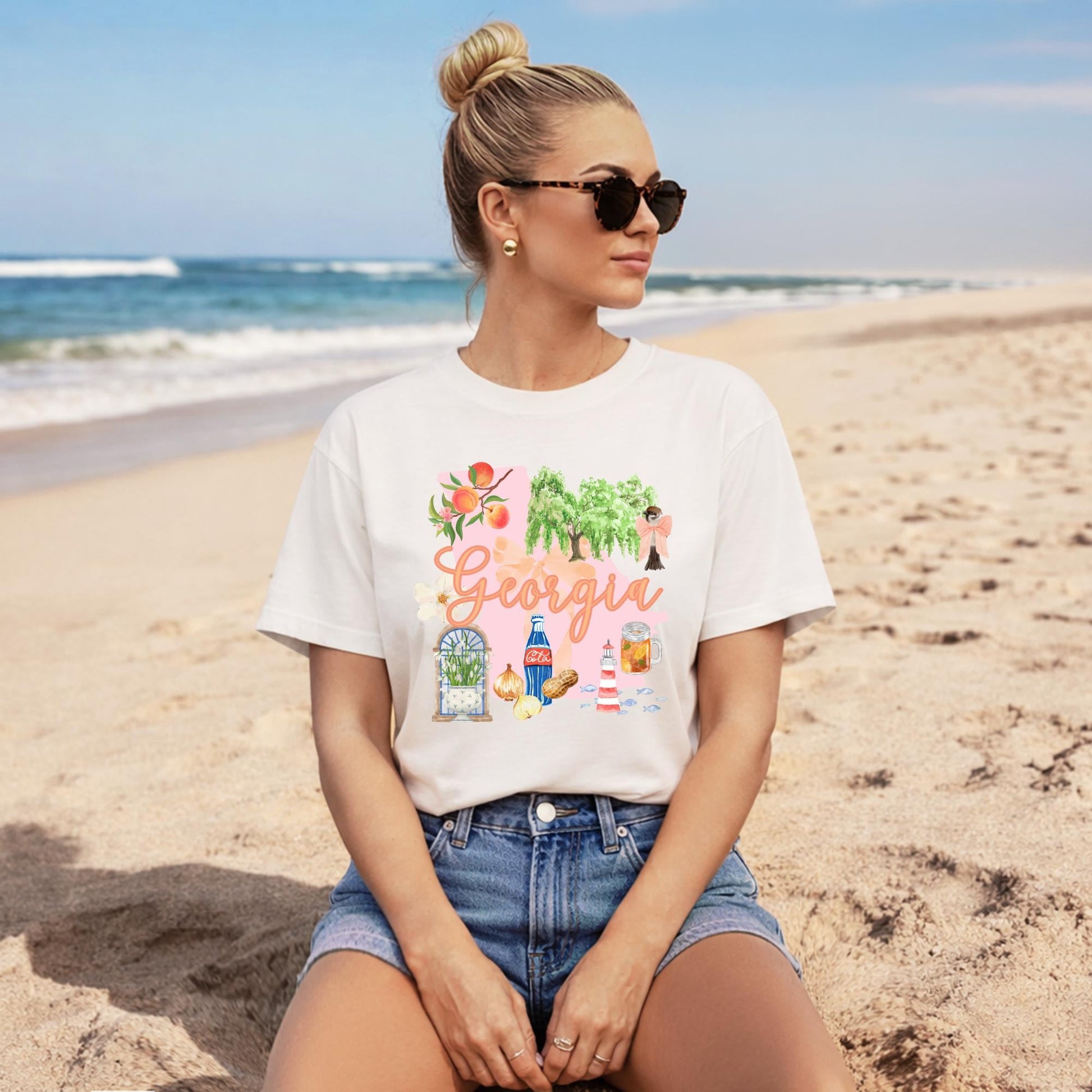 Peach State Graphic Tee Georgia Pride Shirt Southern Icon Design Lighthouse Willow Tree Peach Branch Print Cola Bottle Sweet Tea Mason Jar Graphics Pink State Silhouette Comfort Colors Fabric Regional Pride Apparel Atlanta Souvenir