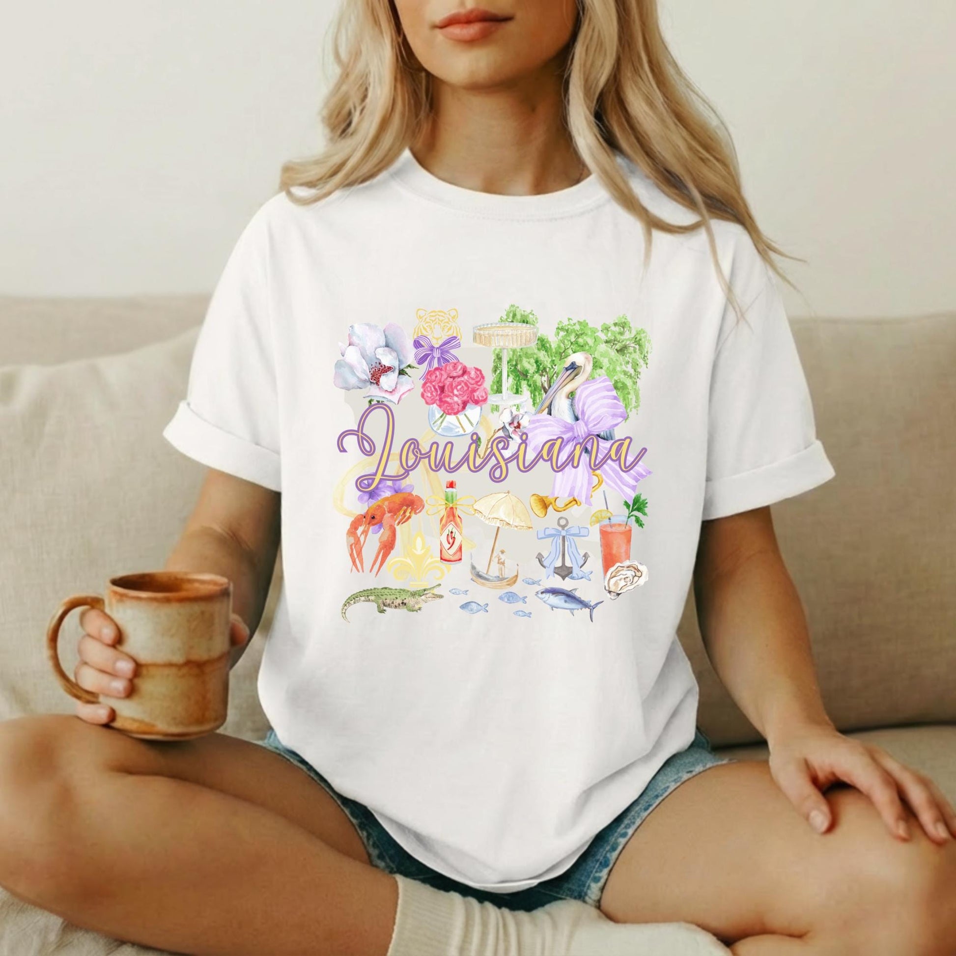 New Orleans Souvenir Shirt Louisiana Vacation Tee Vintage Graphic Design Pelican Crawfish Magnolia Flower Hot Sauce Fleur De Lis Jazz Musician Artwork State Pride Apparel Southern Style Gift Premium Comfort Colors Cotton Fabric Distressed