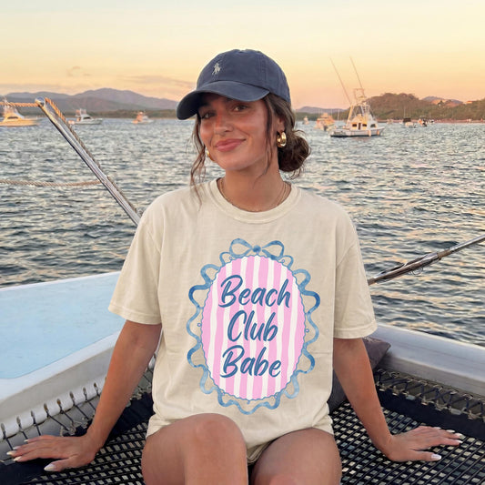 Women Summer Vacation Shirt Preppy Beach Club Graphic Tee Coastal Nautical Stripe Pattern Pink White Design Blue Scalloped Border Bow Detail Resort Wear Top Perfect Lake House Outfit Beach Days Casual Summer Style Comfortable Fabric