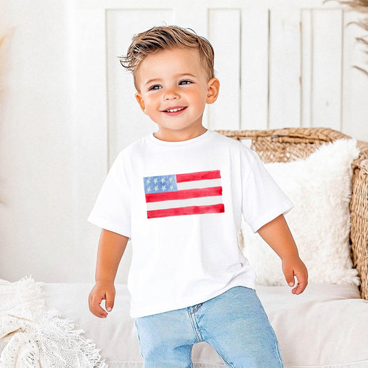 Fourth July Kids Shirt Personalized Name Custom Youth Tee Watercolor American Flag Design Independence Day Celebration Wear Boys Girls Patriotic Outfit Summer Holiday Clothing Comfort Colors Premium Soft Cotton Unisex Toddler Shirt Red