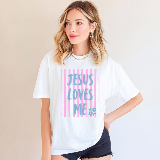 Jesus Loves Me Shirt Christian Graphic Tee Women Faith Based Apparel Religious Clothing Top Inspirational Message Scripture Design Gradient Blue Purple Text Pink Stripe Pattern Floral Accent Detail Premium Cotton Comfort Fabric Church