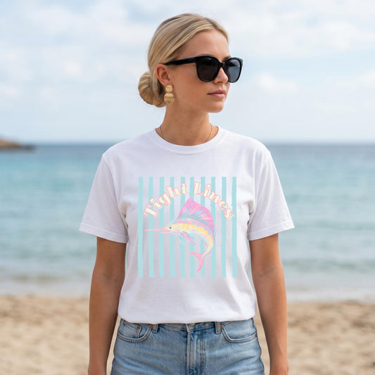 Sailfish Fishing Shirt Women Retro Coastal Tee Comfort Colors Vintage Design Tight Lines Graphic Perfect Gift Fishing Enthusiast Woman Angler Apparel Pastel Ocean Colors Turquoise Stripes White Tee Nautical Theme Beach Vacation Wear
