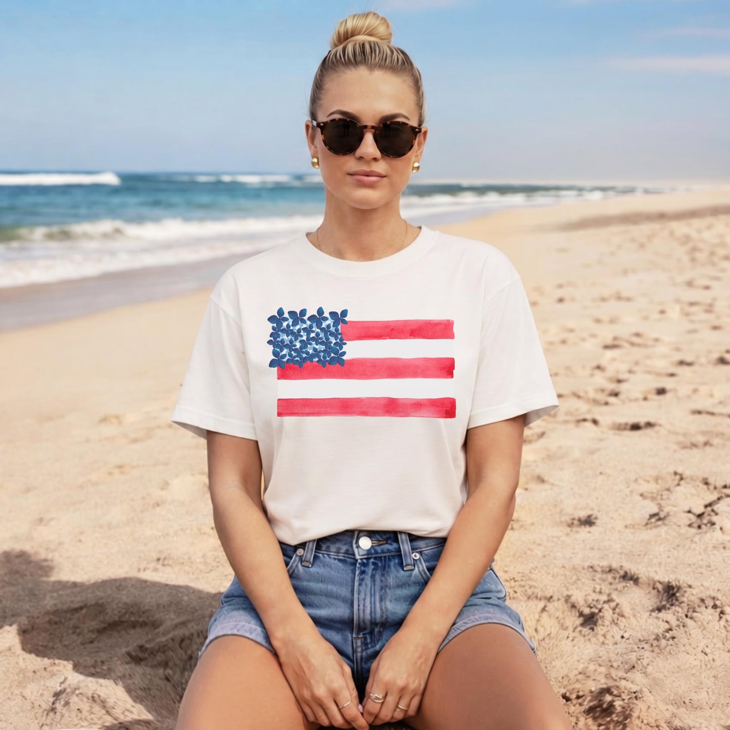 Independence Day Shirt Women Fourth July Patriotic Outfit American Flag Watercolor Design Comfort Colors Tshirt USA Red White Blue Memorial Day Celebration Casual Summer Wear Soft Comfortable Fabric Hearts Pattern Perfect Family Matching