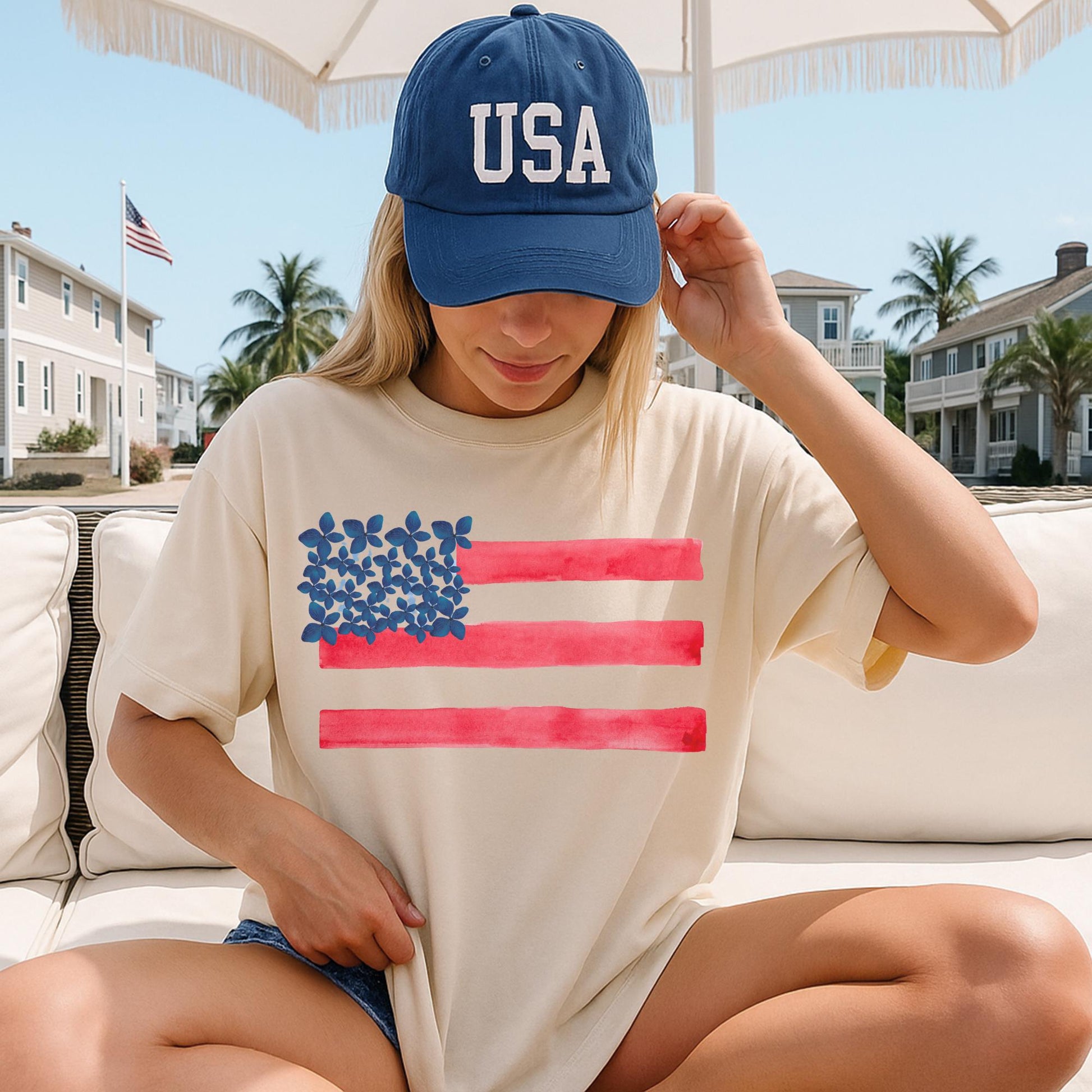 Women Patriotic Tshirt Comfort Colors American Flag Watercolor Hearts Fourth July Celebration Shirt Independence Day Outfit Casual Summer Holiday Wear USA Red White Blue Design Memorial Day Party Perfect Soft Fabric Comfortable Fit