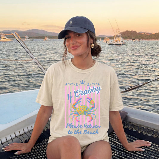 Womens Beach Vacation Shirt Funny Crab Design Coastal Graphic Tee Summer Ocean Lover Clothing Watercolor Illustration Retro Vintage Style Pink Stripe Pattern Rainbow Crab Crown Details Soft Comfort Colors Fabric Relaxed Fit Boutique Quality