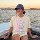 Womens Beach Vacation Shirt Funny Crab Design Coastal Graphic Tee Summer Ocean Lover Clothing Watercolor Illustration Retro Vintage Style Pink Stripe Pattern Rainbow Crab Crown Details Soft Comfort Colors Fabric Relaxed Fit Boutique Quality