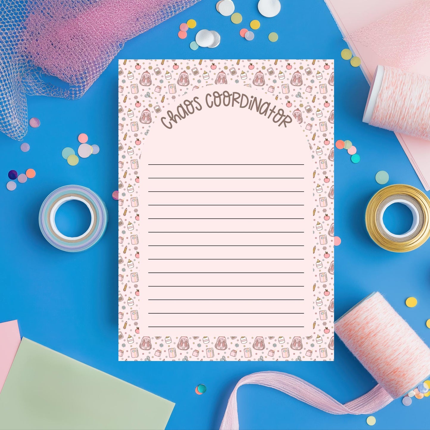 Teacher Appreciation Gift Pink Notepad Chaos Coordinator Design Desk Organization Supplies Fifty Sheet Tearaway Pad School Themed Border Daily Task Planner Lined Writing Pages Premium Paper Quality Classroom Essential Memo Tablet Teacher