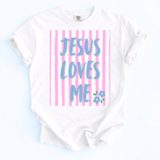 Youth Christian Tee Girls Religious Clothing Kids Jesus Loves Me Design Perfect Baptism Gift Easter Present Faith Based Shirt Gradient Color Graphics Floral Details Soft Cotton Blend Comfort Colors Brand Sunday School Outfit Worship Attire