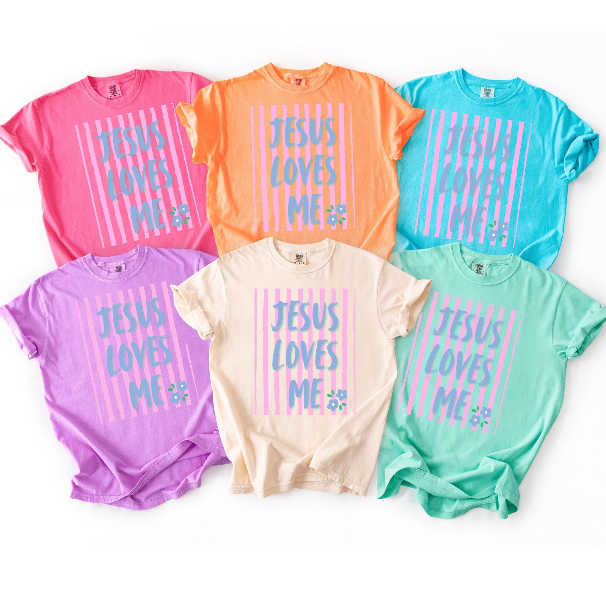 Faith Based Clothing Kids Christian Shirt Girls Youth Religious Tee Jesus Loves Me Graphics Gradient Pink Blue Purple Floral Accent Design Soft Comfortable Fabric Perfect Sunday School Wear Worship Service Outfit Easter Celebration Attire