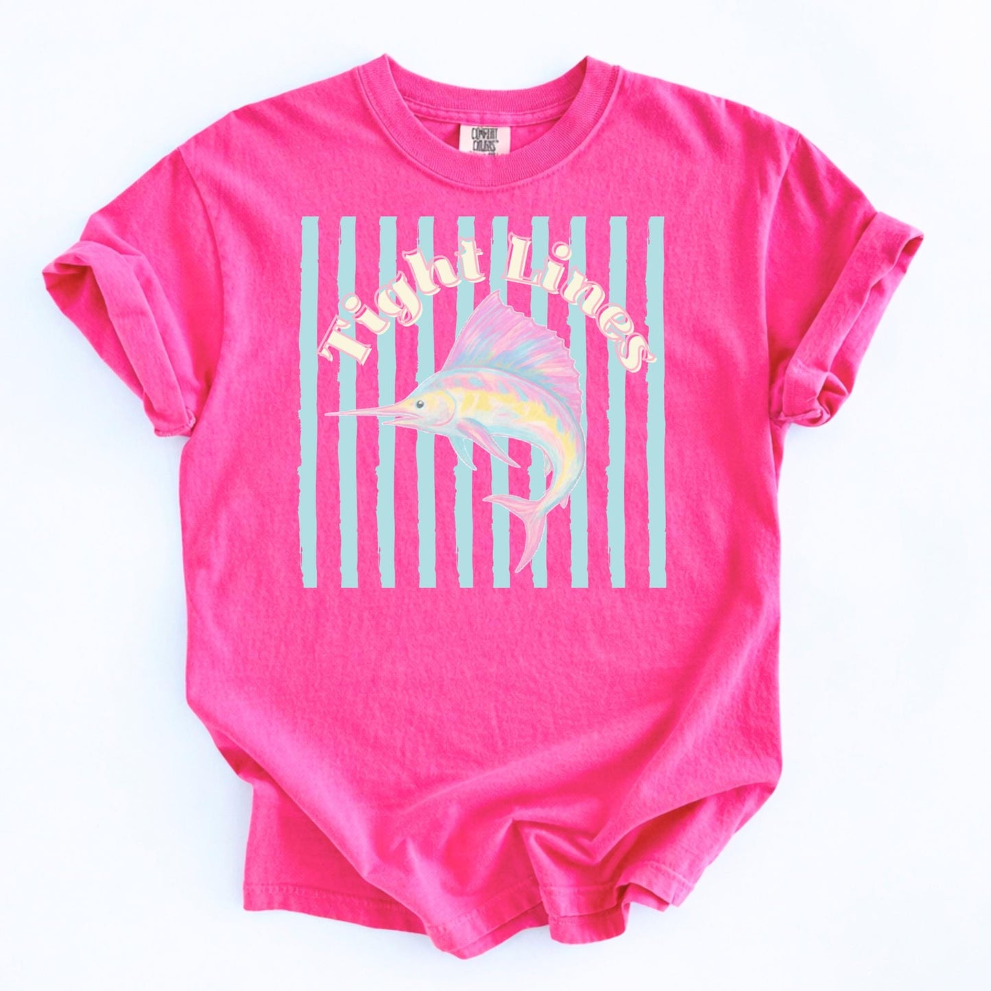 Tight Lines Sailfish Tee Retro Fishing Shirt Women Coastal Nautical Apparel Vintage Ocean Design Pastel Colors Turquoise Stripes Comfort Colors Premium Cotton Gift Fishing Enthusiast Woman Angler Beach Wear Sportfishing Clothing Casual