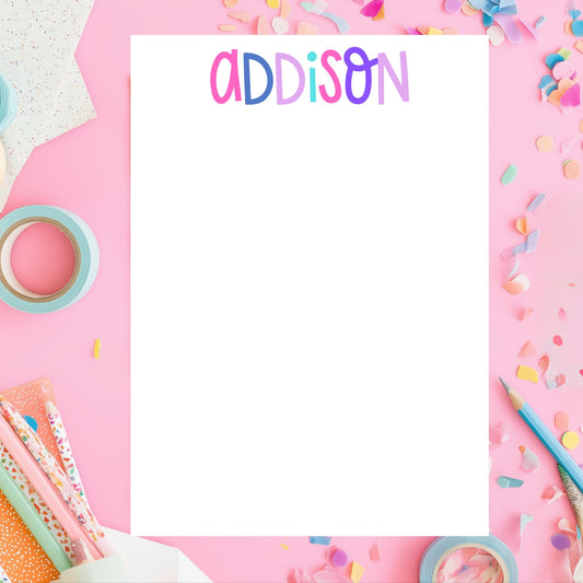 Kids Writing Paper Personalized Name Notepad Custom Stationery Girls Pink Purple Lettering Design Fifty Tear Away Sheets Lined Blank Options Available School Supplies Children Homework Essential Note Taking Paper Birthday Gift Girls
